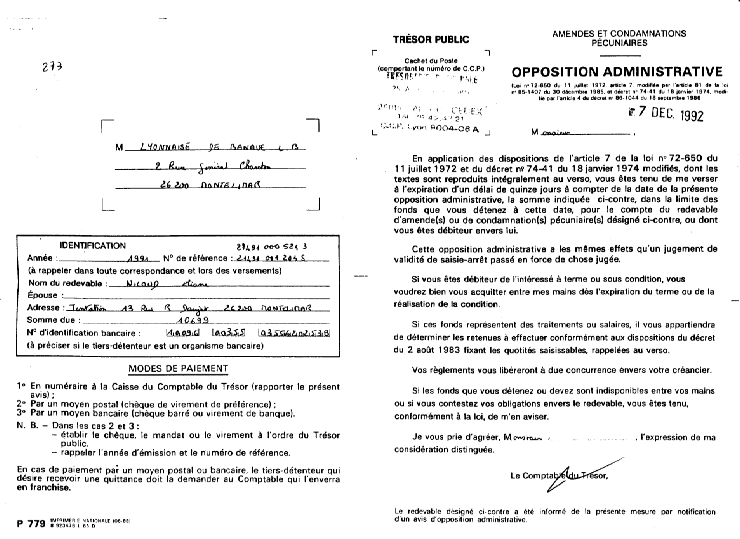 09 DEC. 1992 - Lettre du Trsor Public Valence  /S.L.Banque - Opposition Administrative