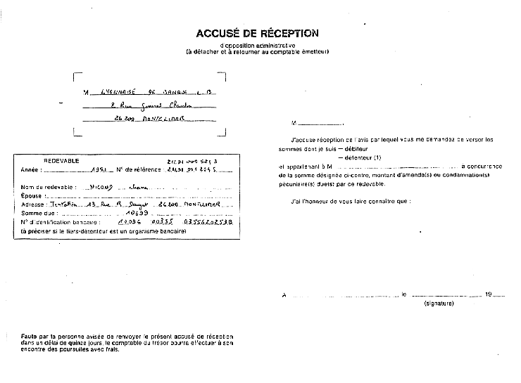 09 DEC. 1992 - Lettre du Trsor Public Valence  /S.L.Banque - Opposition Administrative + Accus de  Rception. Identification : 21491 000 5243 Anne: 1991