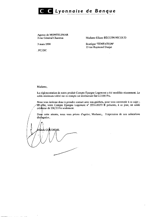 03 Mars 1994 - Lettre de Francis Coudne de la Socit Lyonnaise de Banque, qui me signale que la  rglementation de leur produit Compte Epargne Logement a t modifie rcemment
