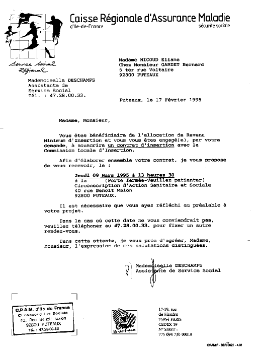 17 fvrier 1995  - Lettre de la CRAM / Assistante Melle DESCHAMPS