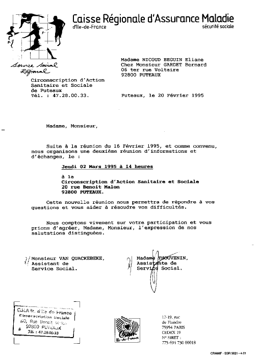 20 fvrier 1995 - CRAM Ile-de-France - Convocation de la CRAM /Thouvenin & M.Van Quackebeke