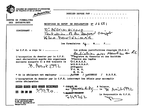 31/08/1992 - Rcpic de dpt de dclaration N 12 581- Suite incendie radiation avec maintien au registre du commerce  la C.C.I. Valence - 