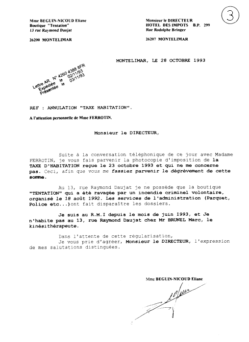 28 octobre 1993 - J'adresse demande annulation aux Impts