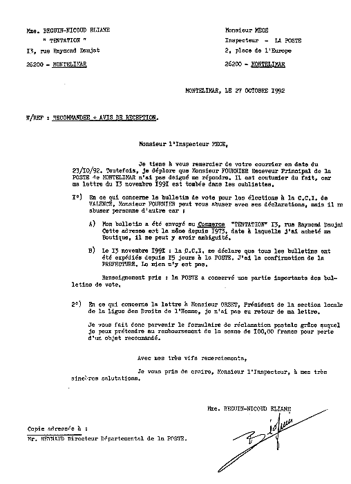 Ma lettre du 27 octobre 1992  L'Inspecteur J.P. MGE + Rclamation  la Poste.