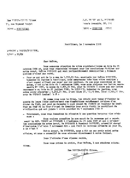  03 NOV. 1988 - J'expdie lettre AR LR 0129  Perret et Pougnand - 