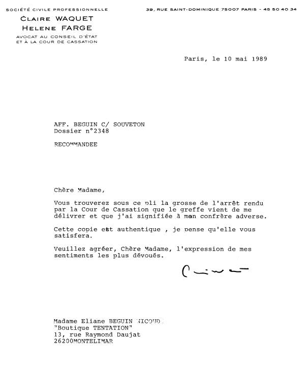 10 mai 1989 - Lettre AR.1022 de Claire WAQUET - Grosse Arrt rendu par Cour de Cassation -