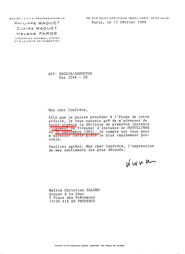 12 fvrier 1988 : Lettre de Philippe WAQUET  son confrre l'avocat Christian SALORD d'Aix-en-Provence   