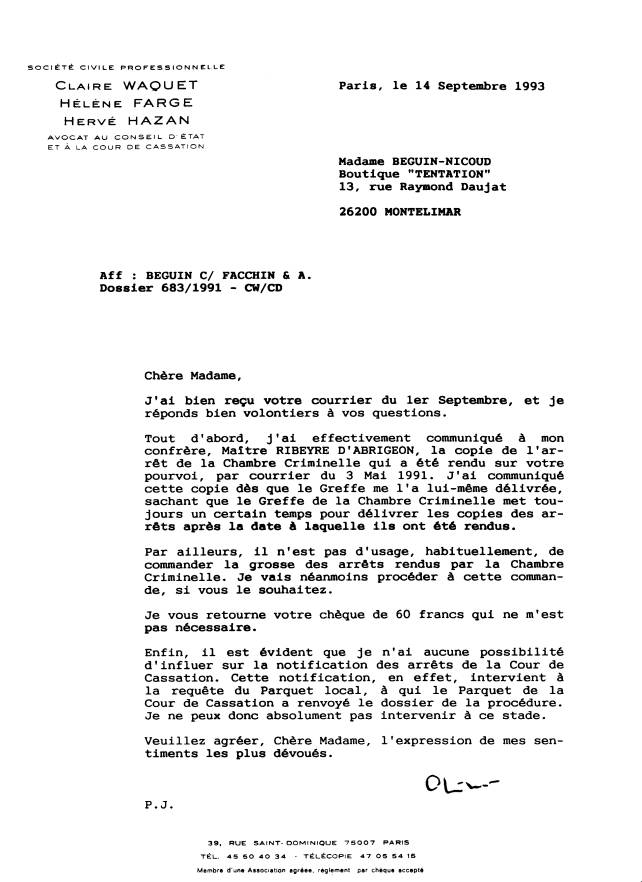 texte de la rponse du cabinet Waquet - le policier FAQUIN  Raymond  devient  FACCHIN & A  pour le bon plaisir de Waquet Claire !!!