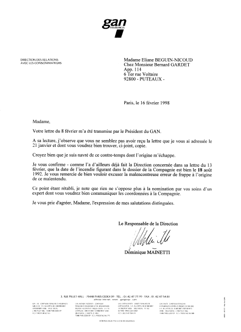 Didier PFEIFFER Prsident du GAN a transmis ma lettre du 8 fvrier 1998 a Dominique MAINETTI.