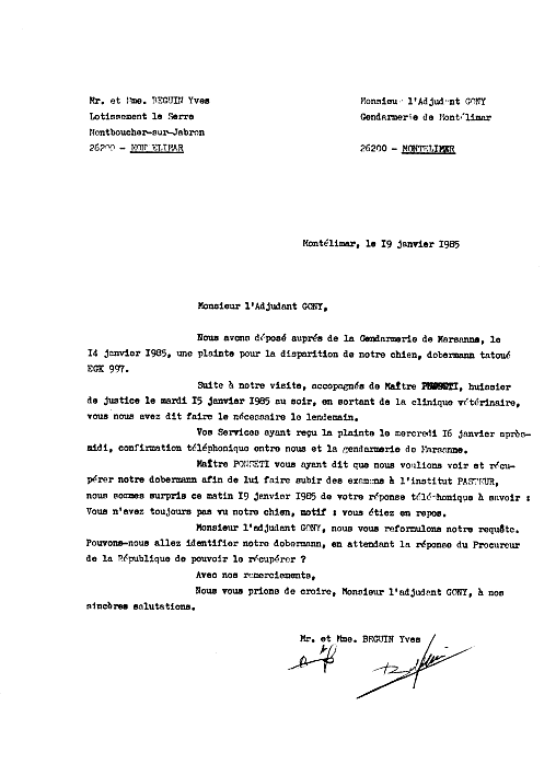 Montlimar, le 19 janvier 1985 : Lettre  l'Adjudant GONY concernant l'affaire 