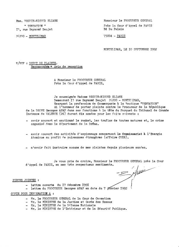 Plainte du 10/09/1992 contre le procureur Georges APAP
