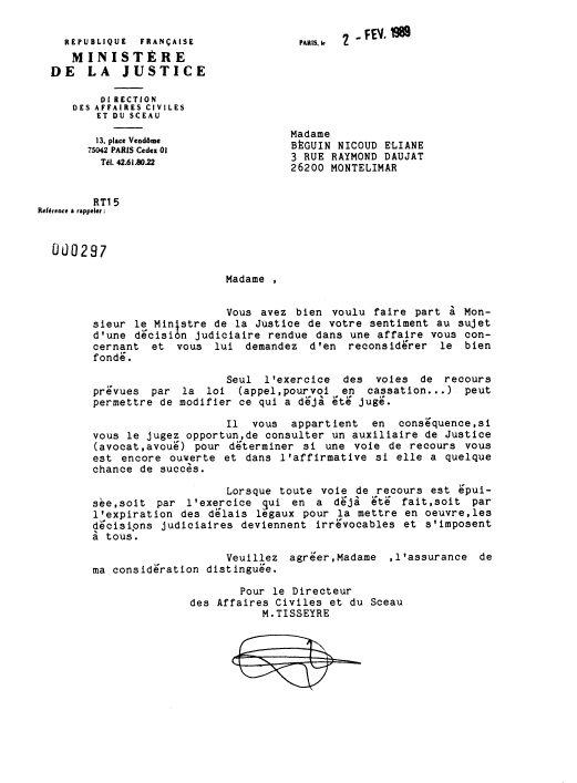 02 Juillet 1989 - Rponse de la Direction Affaires Civiles et du Sceau - M.TISSEYRE - 