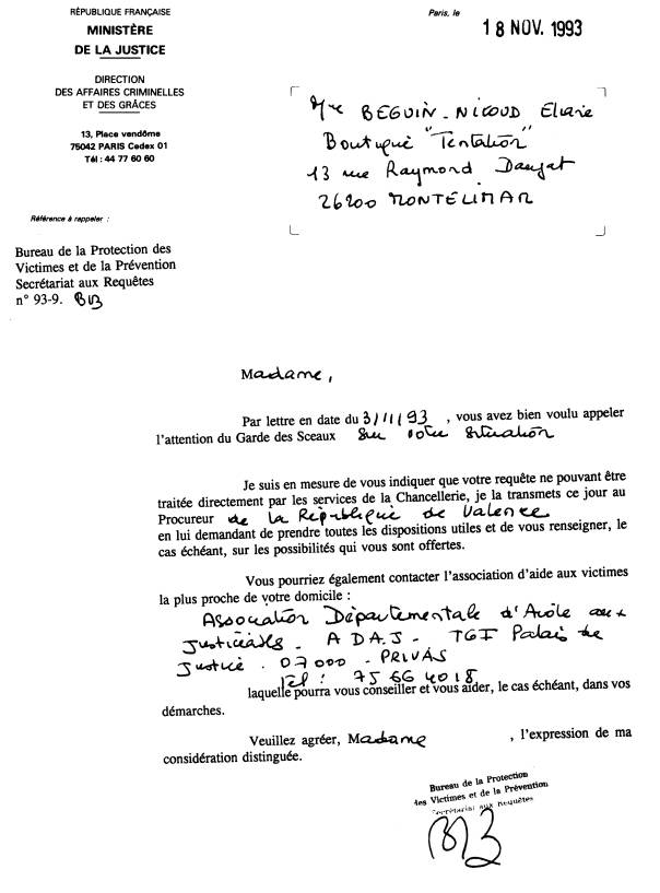 18 Novembre 1993 - Rponse du Ministre Justice - Secrtariar aux requtes n 93-9- BB. -  A D A J - TGI Privas. 75/66.40.18.
