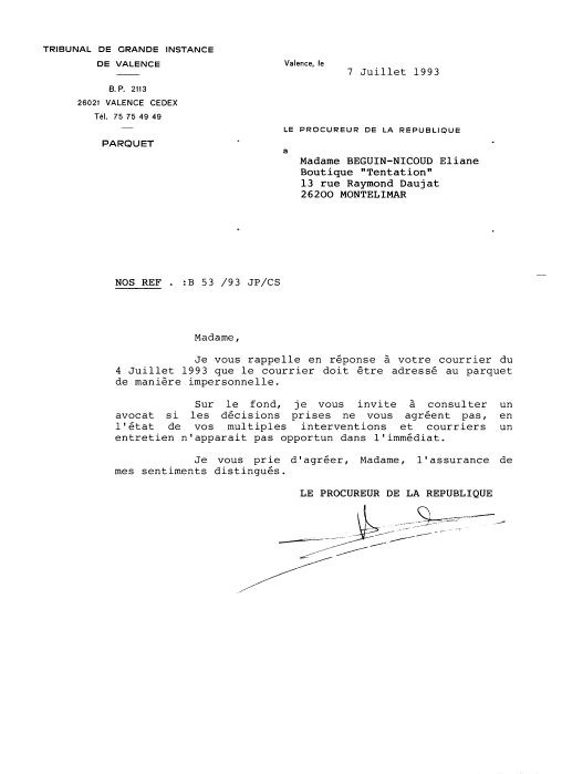 07 /07/1993 - Rponses du Parquet de Valence  ma lettre du 04/07/93 -