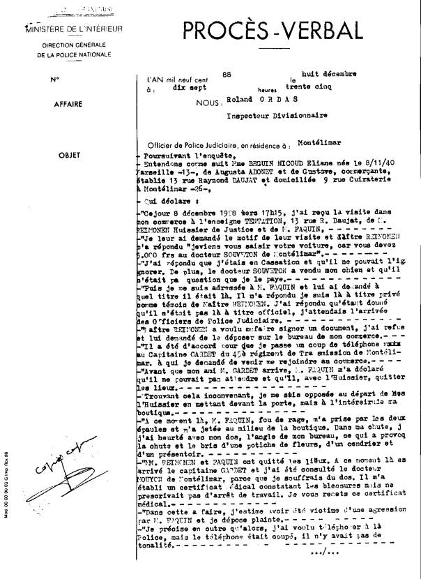 P.V. du 08 DEC. 1988  17:35 tabli par : Roland ORDAS assist du commissaire ORFEUIL Michel