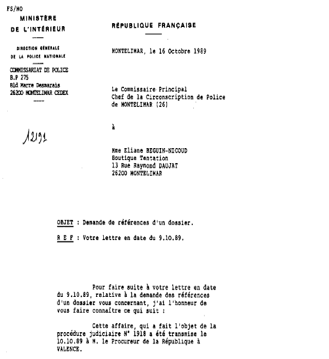 Rponse du commissaire orfeuil 16 octobre 1989