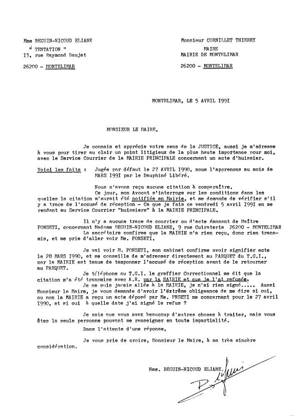 05 avril 1991, je constate qu'il n'y a pas de trace de dpt de la citation  comparatre pour le 27/04/1990 de l'huissier PONSETI  la Mairie de MONTELIMAR.