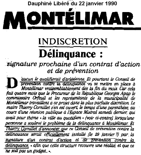Dauphin Libr du 22 janvier 1990 - MONTLIMAR - INDISCRETION -  Dlinquance : signature prochaine d'un contrat d'action et de prvention 